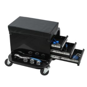 Rolling Creeper Garage Shop Seat With Three Built-in Drawers, Rolling Tool Chest Black (Option: Black)